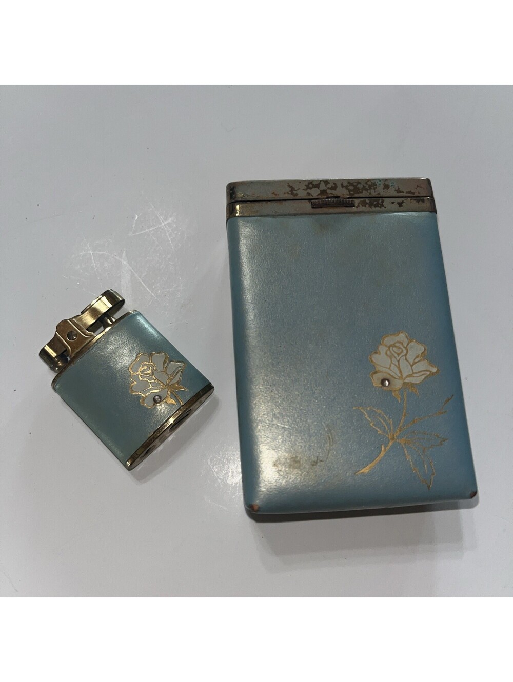 Vintage Buxton Leather Cigarette Case Lighter Set Baby Blue Gold Rose Floral